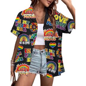 Pride Shirt for Women Lesbian Rainbow Heart Graphic Tshirt LGBTQ Equality Hawaiian Button Down Tee Tops