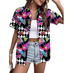 80s 90s قمصان للنساء: 80's Neno Disco Party Tshirts 1980s Hawaiian Button Down Blouse Tops