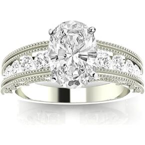 14K White Gold 2.5 Carat LAB GROWN DIAMOND Antique/Vintage Style Channel Set Round Oval Cut Diamond Engagement Ring with Milgrain (G-H Color VS2-SI1 Clarity 2 Ct Center)