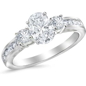 14K White Gold 2.75 Carat LAB GROWN DIAMOND Channel Set 3 Three Stone Oval Cut Diamond Engagement Ring (E-F Color VS2-SI1 Clarity 2 Ct Center)