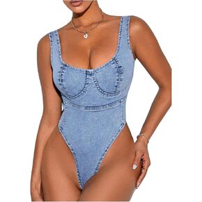 Milumia Women's Scoop Neck Denim Bodysuit Zipper Backless Y2K Going Out Tank Tops