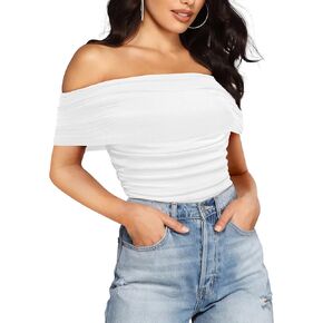 SAUNGKUAI Women's Sexy Off Shoulder Mesh Sleeveless Bodysuit Double Lined Leotard Thong Body Suits Going Out Tops