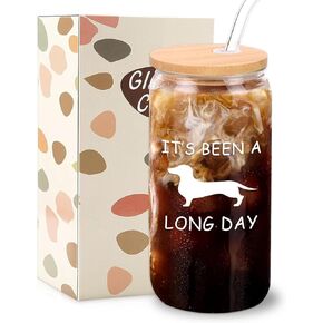 Dachshund Gifts for Women Men - It's Been A Long Day Dachshund Glass Cups with Lids and Straws, Cleaning Brush, Gift Box, Weiner Dog Decor, Funny Iced Coffee Cup 16 oz