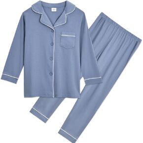 Aablexema Unisex Kids Pajamas Set Button-Down Long Sleeve Cotton Sleepwear Lounge Set for 5-13 Years