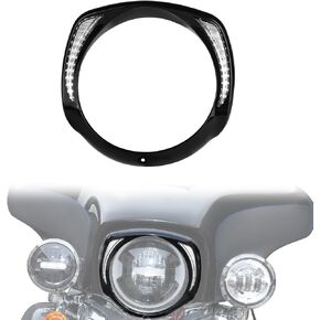 Headlights Trim Ring Bezel w/DRL for Street Glide, Black Headlight Clip w/LED Running Light Front Lamps Trim Ring for Harley Street Glide Ultra Limited Headlamp 2014-2022 Accessories