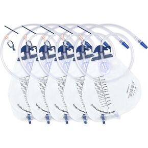 Urinary Drainage Bag 2000ml, 5 Pack Catheter Bags for Women and Men, Professional Urinary Drainage Bags with Anti-Reflux Chamber, 48" Drainage Tube, Adjustable Clips & Hanging Hook