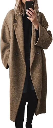 yoeasy Women's Winter Notch Lapel Double Breasted Pea Coat Wool Blend Long Sleeve Casual Long Trench Coat in Saudi Arabia