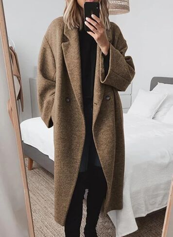 yoeasy Women's Winter Notch Lapel Double Breasted Pea Coat Wool Blend Long Sleeve Casual Long Trench Coat in Saudi Arabia