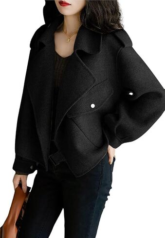 utcoco Women Cropped Wool Coats Notched Lapel Pea Coat Open Front Trench Overcoat Jackets with Pockets in Saudi Arabia