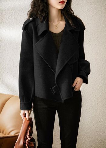 utcoco Women Cropped Wool Coats Notched Lapel Pea Coat Open Front Trench Overcoat Jackets with Pockets in Saudi Arabia
