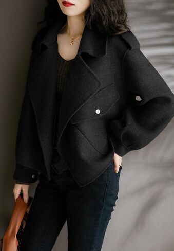 utcoco Women Cropped Wool Coats Notched Lapel Pea Coat Open Front Trench Overcoat Jackets with Pockets in Saudi Arabia