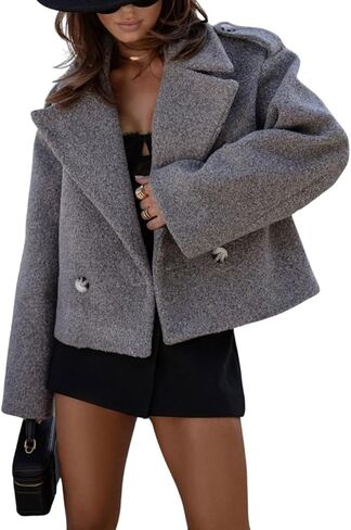 CHARTOU Women Crop Pea Coat Wool Blend Office Work Lapel Collar Short Winter Jacket Trench Coat in Saudi Arabia