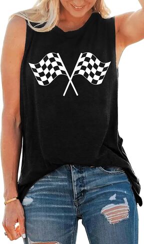 Racing Tank Tops for Women: Checkered Flag Graphic Car Shirt Race Lover Sleeveless Shirts Summer Race Day Vest in Kuwait