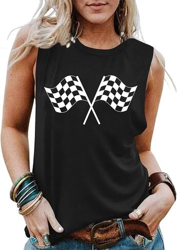 Racing Tank Tops for Women: Checkered Flag Graphic Car Shirt Race Lover Sleeveless Shirts Summer Race Day Vest in Kuwait