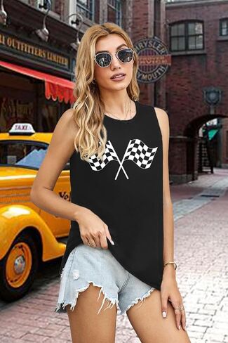 Racing Tank Tops for Women: Checkered Flag Graphic Car Shirt Race Lover Sleeveless Shirts Summer Race Day Vest in Kuwait