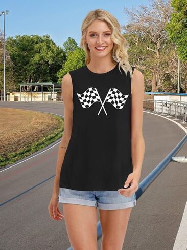 Racing Tank Tops for Women: Checkered Flag Graphic Car Shirt Race Lover Sleeveless Shirts Summer Race Day Vest in Kuwait