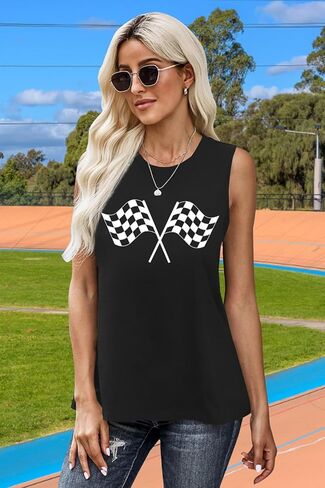 Racing Tank Tops for Women: Checkered Flag Graphic Car Shirt Race Lover Sleeveless Shirts Summer Race Day Vest in Kuwait