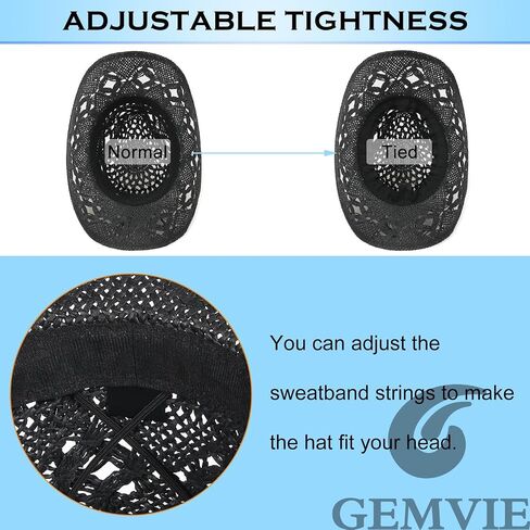 Gemvie Turquoise Straw Cowboy Hat للرجال نساء الصيف غرب رعاة البقر القبعة المنسوجة جوفاء قبعة واسعة الحافة in Kuwait