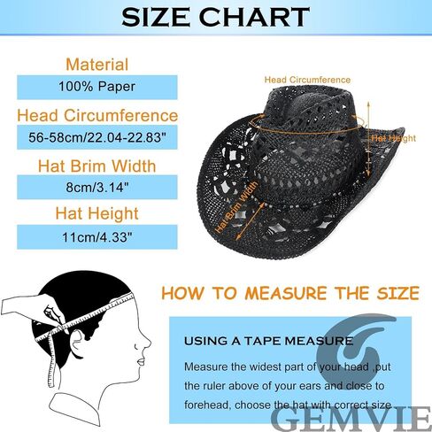 Gemvie Turquoise Straw Cowboy Hat للرجال نساء الصيف غرب رعاة البقر القبعة المنسوجة جوفاء قبعة واسعة الحافة in Kuwait