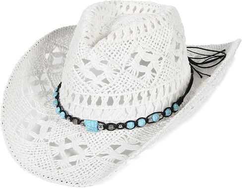 Gemvie Turquoise Straw Cowboy Hat للرجال نساء الصيف غرب رعاة البقر القبعة المنسوجة جوفاء قبعة واسعة الحافة in Kuwait
