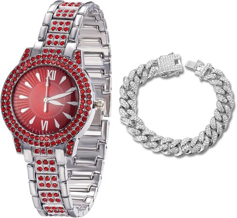 Halukakah Green/Blue/Red Diamonds Watch Iced Out for Boy Teens Kids - 18K Real Gold/Platinum Plated,Round Dial,Japanese Quartz - 7.7" Length - Optional with Cuban Link Chain - for Birthday,Parties in Saudi Arabia