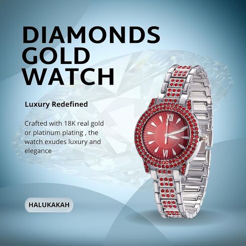 Halukakah Green/Blue/Red Diamonds Watch Iced Out for Boy Teens Kids - 18K Real Gold/Platinum Plated,Round Dial,Japanese Quartz - 7.7" Length - Optional with Cuban Link Chain - for Birthday,Parties in Saudi Arabia