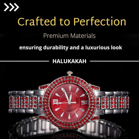 Halukakah Green/Blue/Red Diamonds Watch Iced Out for Boy Teens Kids - 18K Real Gold/Platinum Plated,Round Dial,Japanese Quartz - 7.7" Length - Optional with Cuban Link Chain - for Birthday,Parties in Saudi Arabia