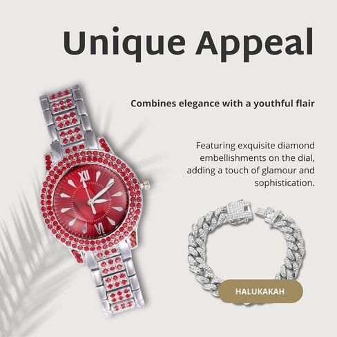 Halukakah Green/Blue/Red Diamonds Watch Iced Out for Boy Teens Kids - 18K Real Gold/Platinum Plated,Round Dial,Japanese Quartz - 7.7" Length - Optional with Cuban Link Chain - for Birthday,Parties in Saudi Arabia