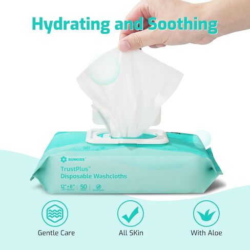 مناديل مبللة من صن كيس تراست بلس للبالغين، مناديل تنظيف الجسم سميكة للغاية 8 × 12 بوصة مع خلاصة الصبار لسلس البول والتنظيف لدى كبار السن، 50 قطعة in Kuwait