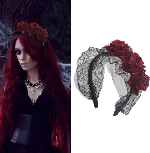 Halloween Rose Flower Headband Gothic Black Lace Wine Red Rose Hair Bands for Women Masquerade Cosplay Party Hair Accessory in Saudi Arabia