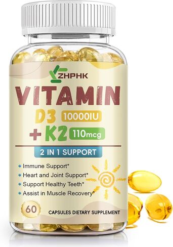Vitamin D3 and K2 Supplements, Vitamin D and K 10,000 IU Strong Bones & Heart Health Support | Vitamin D3 High Potency Non-GMO Formula Calcium Absorption, Easy to Swallow 120 Softgels in Saudi Arabia