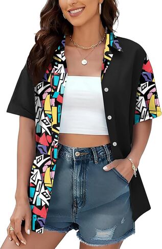 80s 90s Shirts for Women: 80's Neno Disco Party Tshirts 1980s Hawaiian Button Down Blouse Tops in Saudi Arabia