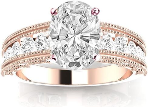 14K أبيض الذهب 2.5 قيراط مختبر نما الماس العتيقة/القناة الطراز خاتم الجولة البيضاوية قطع الخطوبة مع milgrain (G-H Color VS2-Si1 Clarity 2 CT Center) in Kuwait