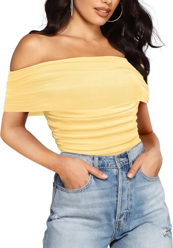 SAUNGKUAI Women's Sexy Off Shoulder Mesh Sleeveless Bodysuit Double Lined Leotard Thong Body Suits Going Out Tops in Kuwait