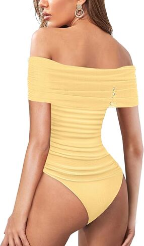 SAUNGKUAI Women's Sexy Off Shoulder Mesh Sleeveless Bodysuit Double Lined Leotard Thong Body Suits Going Out Tops in Kuwait