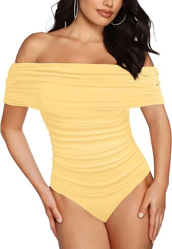 SAUNGKUAI Women's Sexy Off Shoulder Mesh Sleeveless Bodysuit Double Lined Leotard Thong Body Suits Going Out Tops in Kuwait