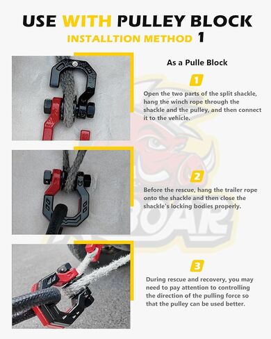 D-Ring Split Shackle مع كتلة البكرة ، وسحب Winch Snatch Block و 3/4 "SPLICE Shackle 2in1 ، 57320 رطل (26T) قوة كسر ، للتعافي ، Blackred in Kuwait