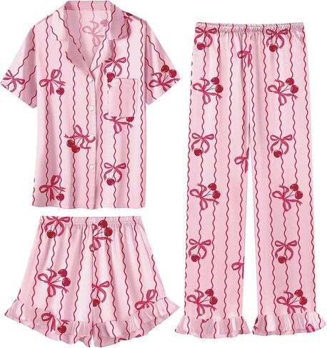 Umeyda Girls 3 Pieces Pajamas Sets Silk Satin Ruffle Sleepwear Short Sleeve Button-Down 3Pjs Nightwear, 5-14 Years in Saudi Arabia
