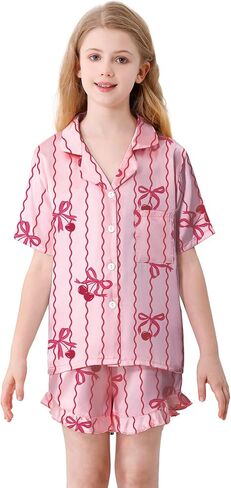 Umeyda Girls 3 Pieces Pajamas Sets Silk Satin Ruffle Sleepwear Short Sleeve Button-Down 3Pjs Nightwear, 5-14 Years in Saudi Arabia