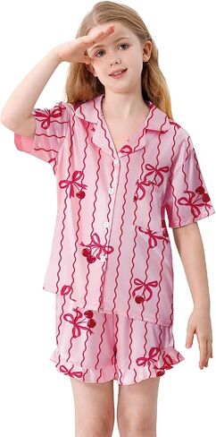 Umeyda Girls 3 Pieces Pajamas Sets Silk Satin Ruffle Sleepwear Short Sleeve Button-Down 3Pjs Nightwear, 5-14 Years in Saudi Arabia