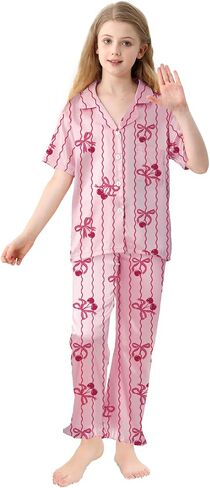 Umeyda Girls 3 Pieces Pajamas Sets Silk Satin Ruffle Sleepwear Short Sleeve Button-Down 3Pjs Nightwear, 5-14 Years in Saudi Arabia