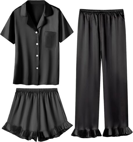 Umeyda Girls 3 Pieces Pajamas Sets Silk Satin Ruffle Sleepwear Short Sleeve Button-Down 3Pjs Nightwear, 5-14 Years in Saudi Arabia