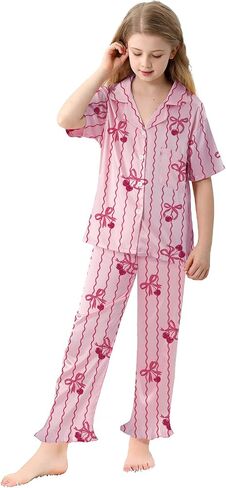Umeyda Girls 3 Pieces Pajamas Sets Silk Satin Ruffle Sleepwear Short Sleeve Button-Down 3Pjs Nightwear, 5-14 Years in Saudi Arabia
