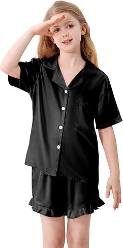 Umeyda Girls 3 Pieces Pajamas Sets Silk Satin Ruffle Sleepwear Short Sleeve Button-Down 3Pjs Nightwear, 5-14 Years in Saudi Arabia