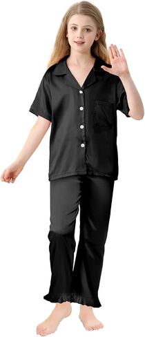 Umeyda Girls 3 Pieces Pajamas Sets Silk Satin Ruffle Sleepwear Short Sleeve Button-Down 3Pjs Nightwear, 5-14 Years in Saudi Arabia