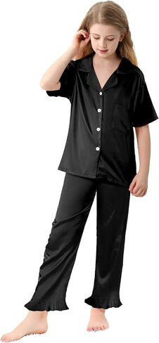 Umeyda Girls 3 Pieces Pajamas Sets Silk Satin Ruffle Sleepwear Short Sleeve Button-Down 3Pjs Nightwear, 5-14 Years in Saudi Arabia