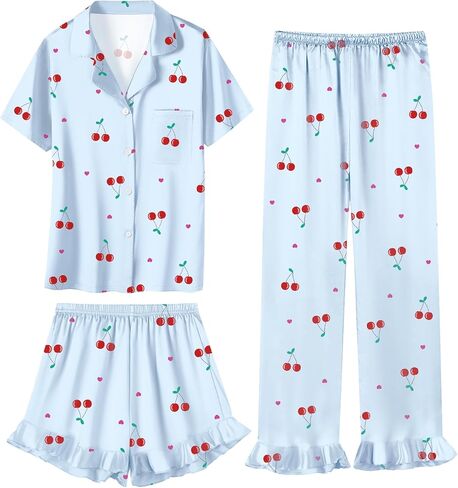 Umeyda Girls 3 Pieces Pajamas Sets Silk Satin Ruffle Sleepwear Short Sleeve Button-Down 3Pjs Nightwear, 5-14 Years in Saudi Arabia