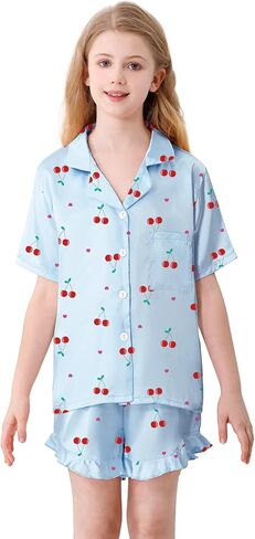 Umeyda Girls 3 Pieces Pajamas Sets Silk Satin Ruffle Sleepwear Short Sleeve Button-Down 3Pjs Nightwear, 5-14 Years in Saudi Arabia