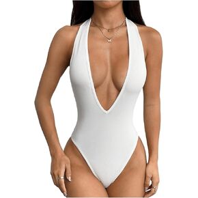 Milumia Women's Deep V Neck Halter Bodysuit Backless Slim Fit Sexy Top