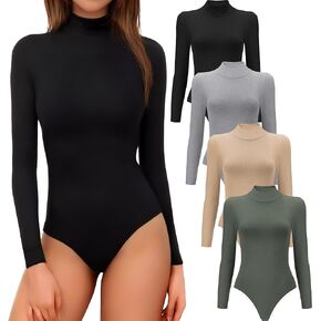 4/5 Pack Long Sleeve Bodysuit for Women Mock Turtleneck Casual Basic Stretchy Body Suits Tops